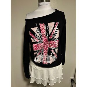 Vintage Self Esteem London Union Jack Leopard Off Shoulder Sweatshirt Black pink